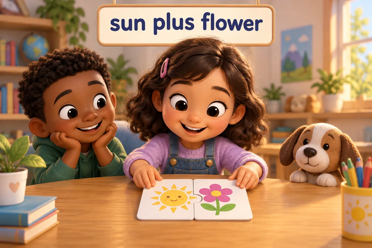 A cartoon child joins two word cards, sun and flower, into a single card reading sunflower.