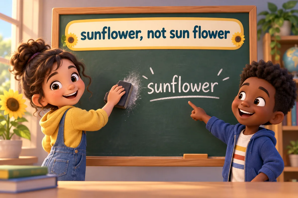 A cartoon child corrects the split phrase sun flower to the joined word sunflower on a board.