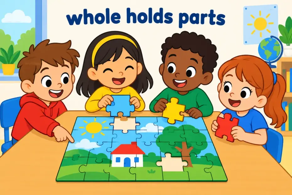 Cartoon pupils build one large puzzle from separate pieces, illustrating comprise in a sentence as a whole holding its parts.