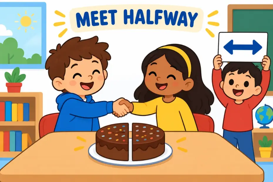Cartoon children shake hands over a cake cut into equal slices, showing compromise in a sentence as each side giving a little.