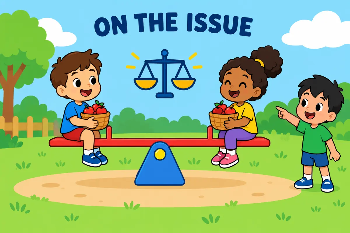 A cartoon child balances two baskets on a seesaw, one labelled only by shape, illustrating compromise as each side giving a little.