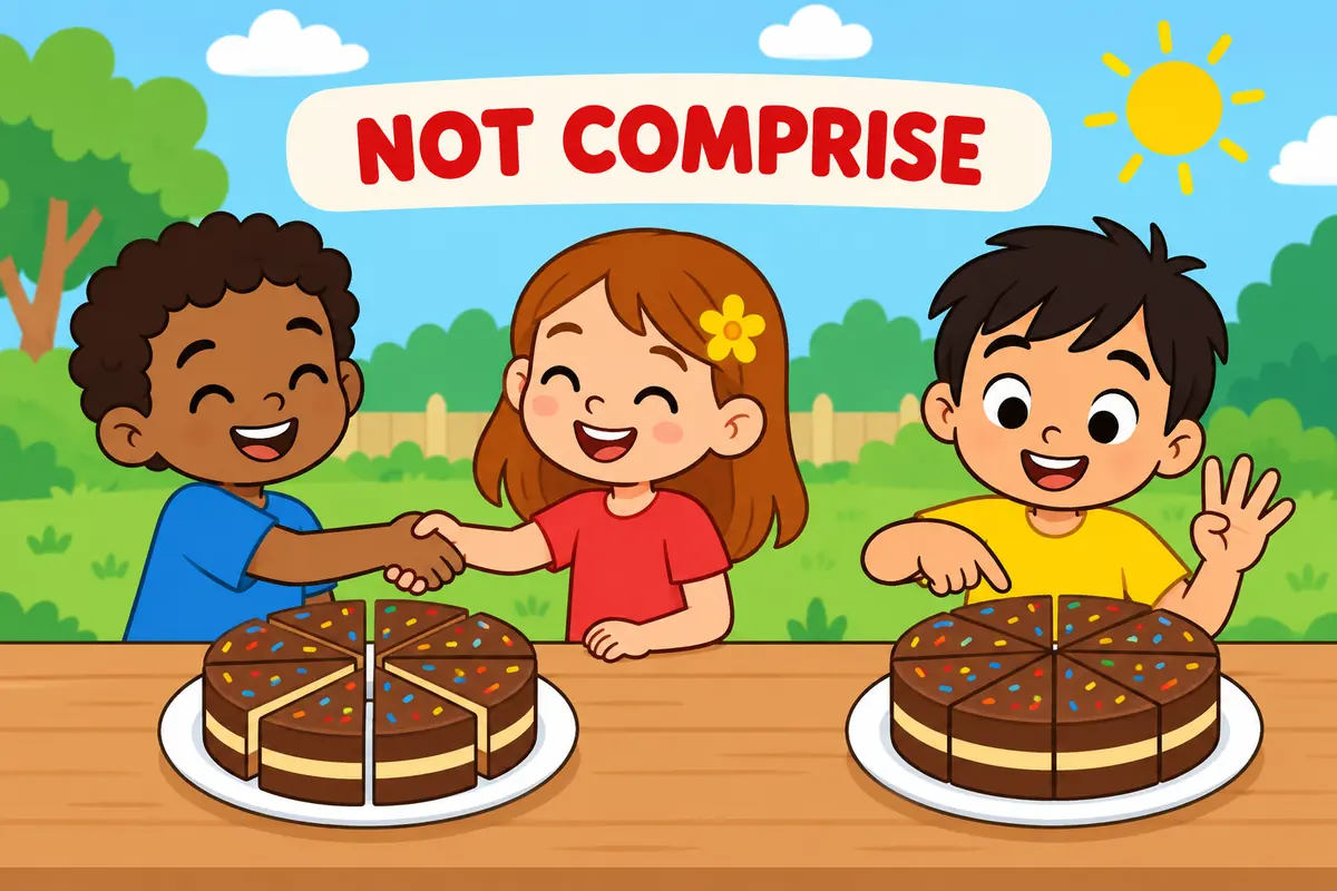 A single cartoon scene contrasts two children shaking hands over a shared cake with a child counting the slices of one cake.