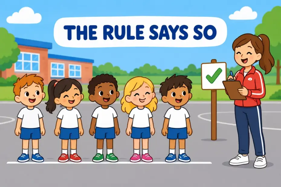 Cartoon pupils line up for a required school drill, illustrating compulsory in a sentence as something a rule demands.