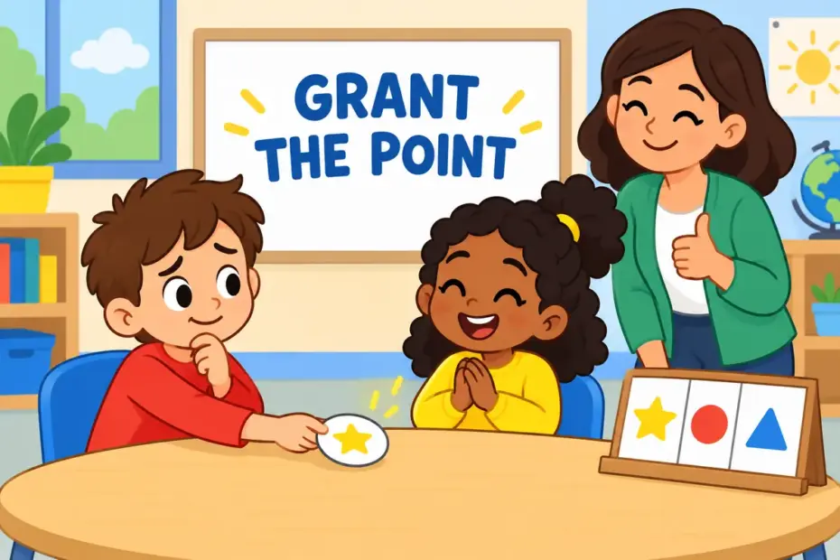 A cartoon child at a table reluctantly hands a point card to a smiling classmate, showing concede in a sentence as giving up a point.
