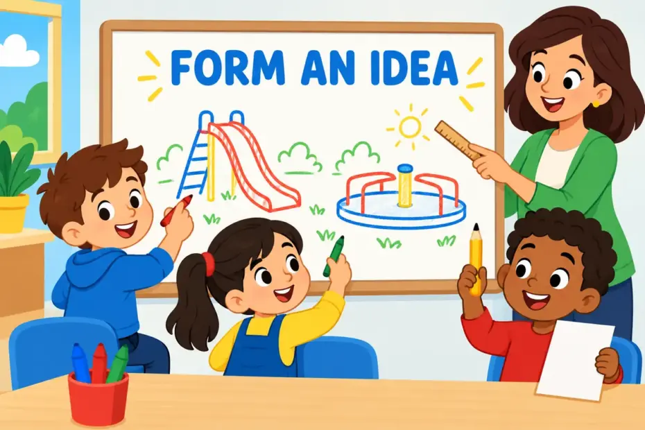 Cartoon children sketch a new playground design on a board, showing conceive in a sentence as forming a plan in the mind.