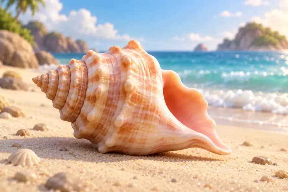 A spiral conch shell on pale sand.
