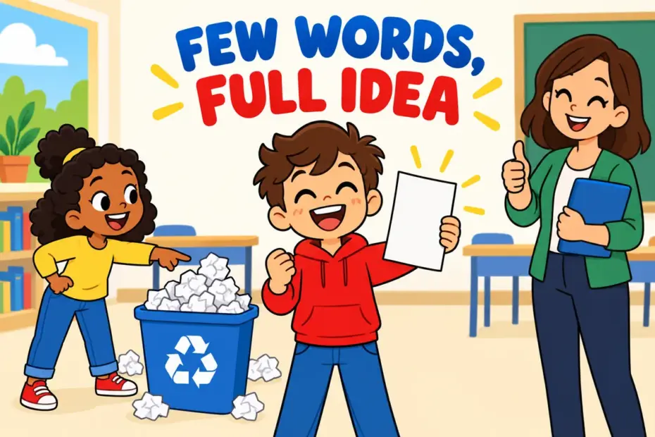 Cartoon pupils show a one-page summary beside a pile of long drafts, illustrating concise in a sentence as few words with full meaning.