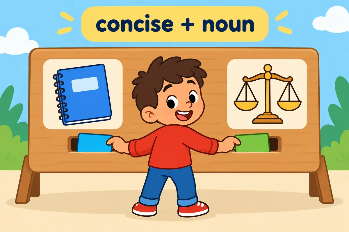 A cartoon board shows the adjective concise slotting in before a noun card and after a linking-verb card.