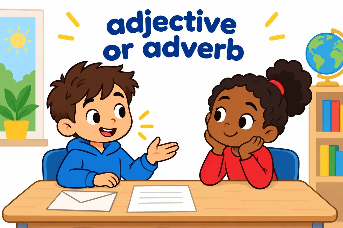 A concise written message and a brief spoken answer appear together in one classroom scene.