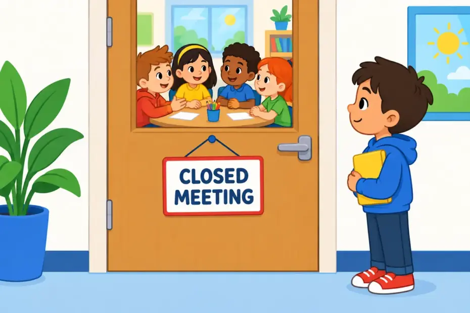 Cartoon friends whisper around a table behind a closed door, showing conclave in a sentence as a private meeting kept from others.