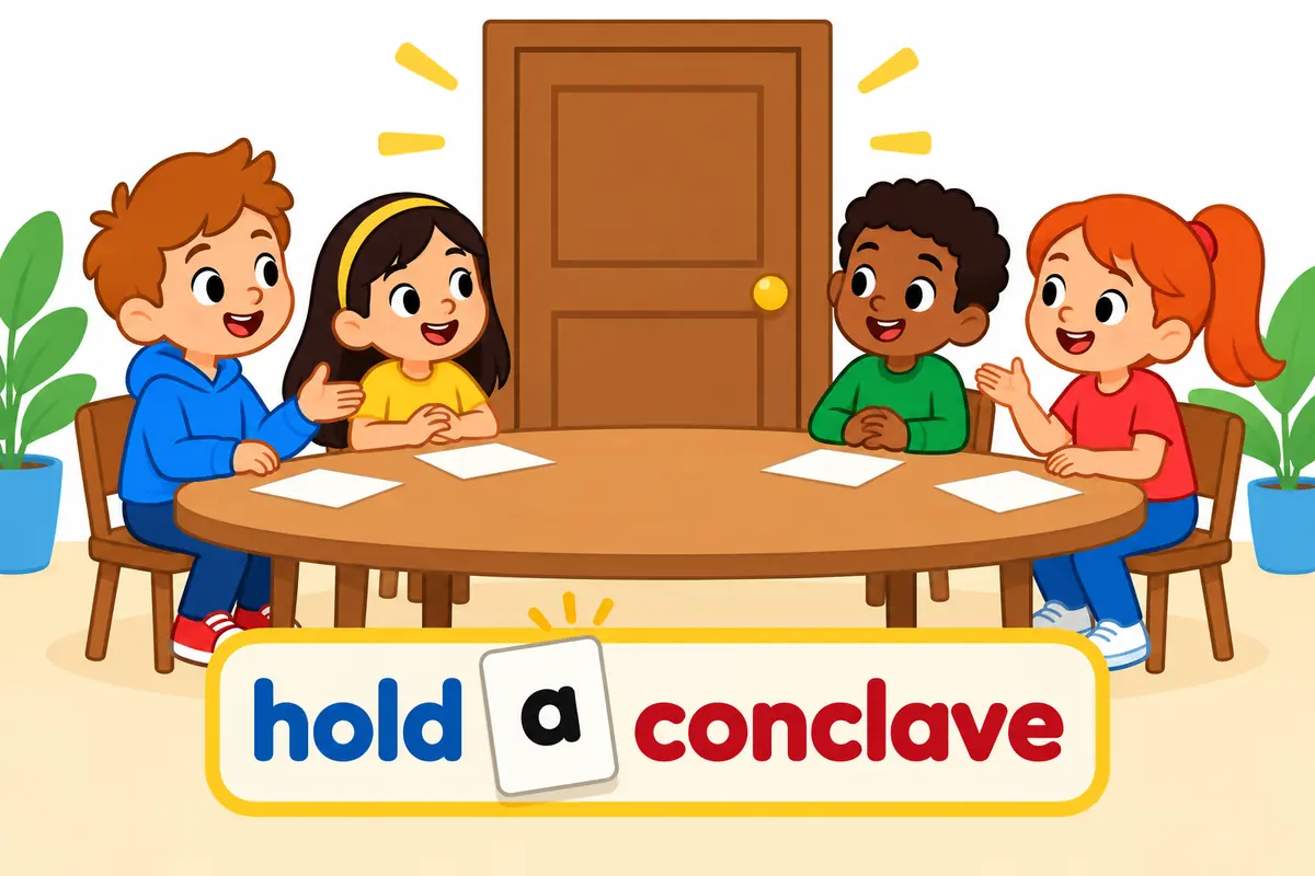 A cartoon group of friends gathers around a table behind a closed door while a classmate waits politely outside.