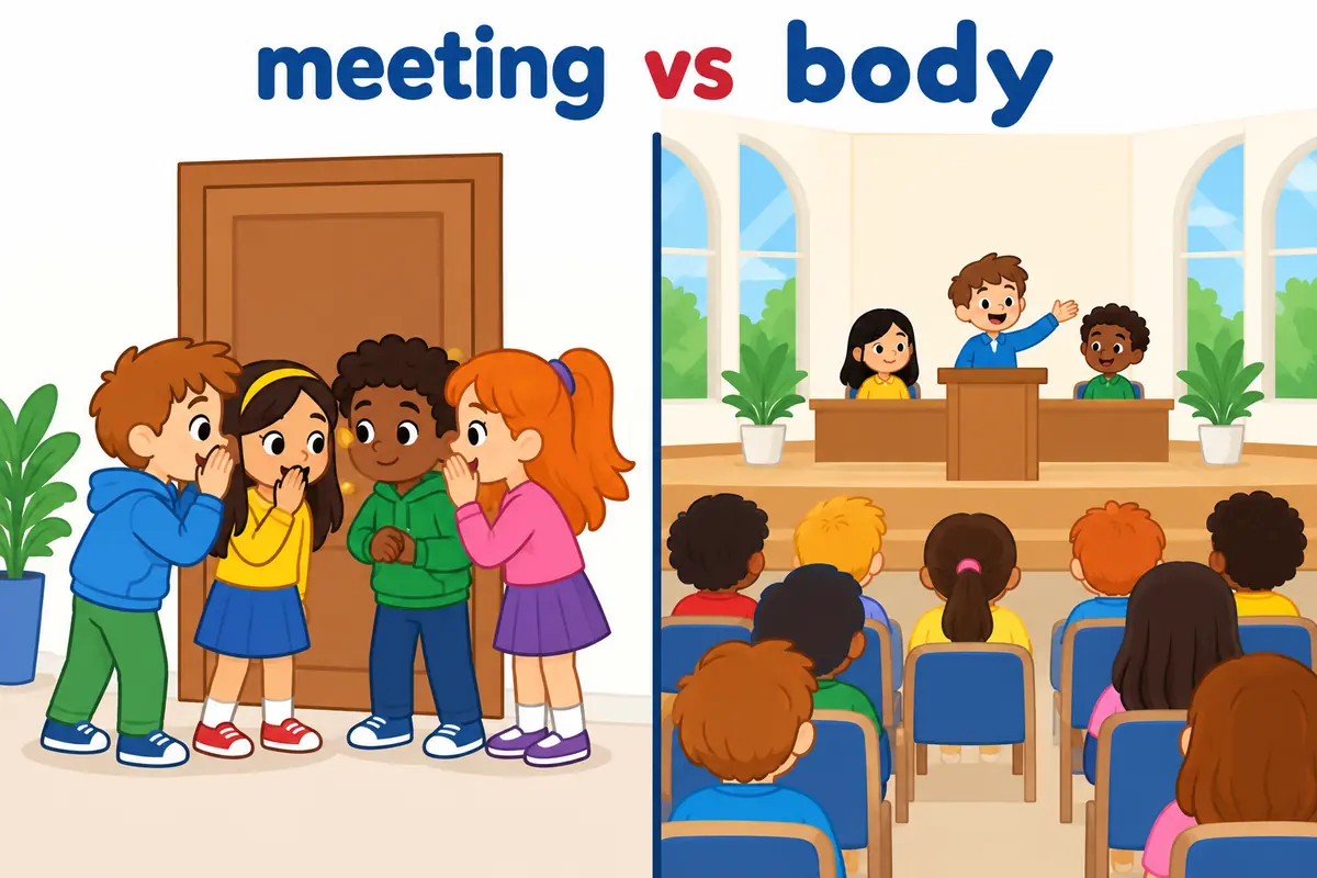 A cartoon split scene contrasts a small group whispering around a closed door with a large open hall full of seated people.
