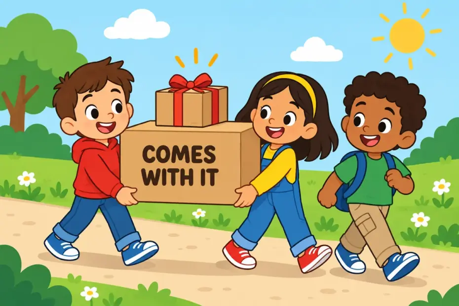 Cartoon children carry a heavy box while a small parcel travels with it, showing concomitant in a sentence as an accompanying effect.