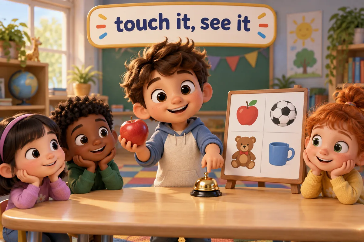 Cartoon child holds an apple and points to a bell while labelling concrete nouns on a simple chart.