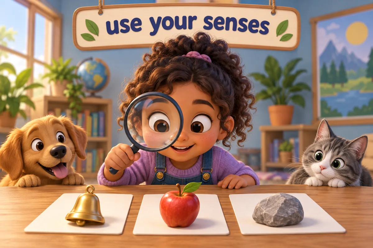 Cartoon child uses a magnifying glass beside pictures of a bell, an apple and a stone, each sensed by sight, taste or touch.