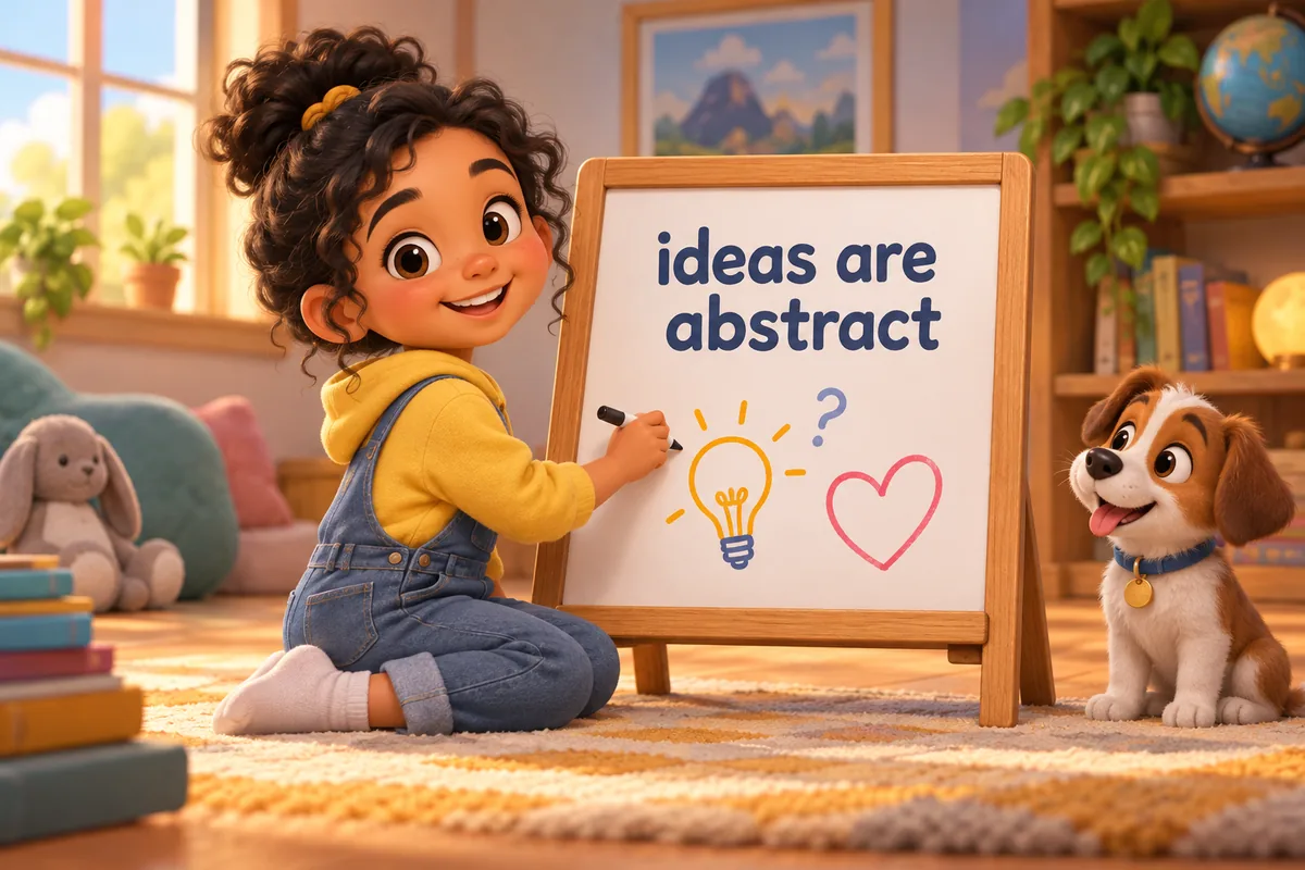 Cartoon child writes the word love beside a heart outline and marks it as an idea, not an object.