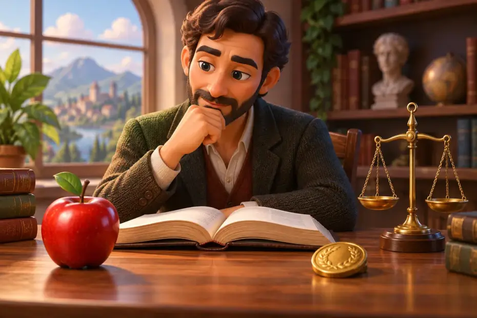 A reflective scholar studies an open book beside an apple, a coin, and a small balance scale, suggesting desire and self-restraint.