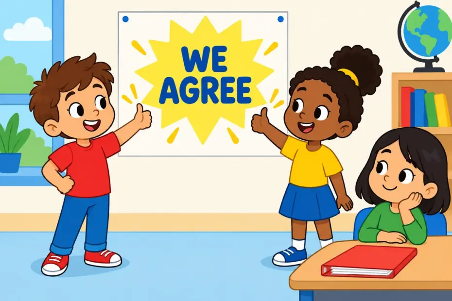 Two cartoon children nod at the same chart, showing concur in a sentence as shared agreement.