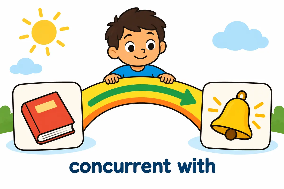 A cartoon child links two picture cards for a book and a bell with a bridge labelled only by a simple arrow.