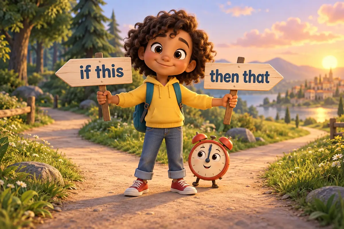 Cartoon child points to two linked signs, one reading a condition and one a result, for conditional sentences.