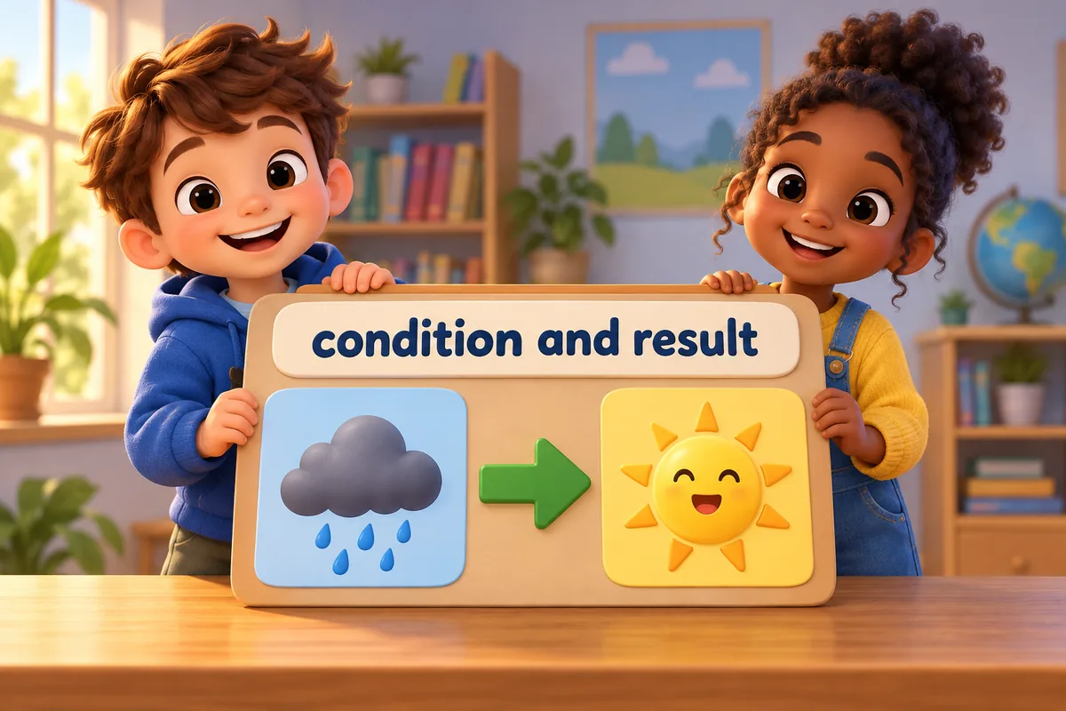 Cartoon child stands at a fork with an if sign on one branch and a then sign on the other.