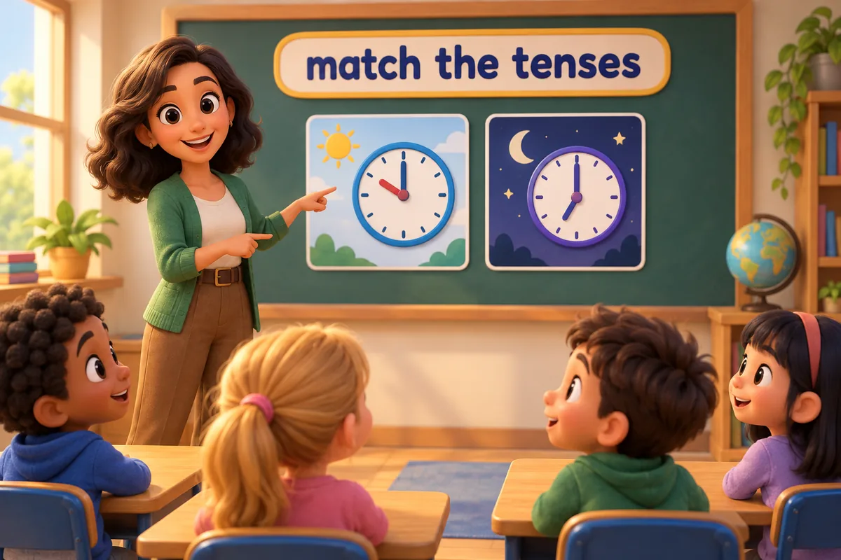 Cartoon teacher points to a pair of clock cards showing a condition beside its result under an if sign.