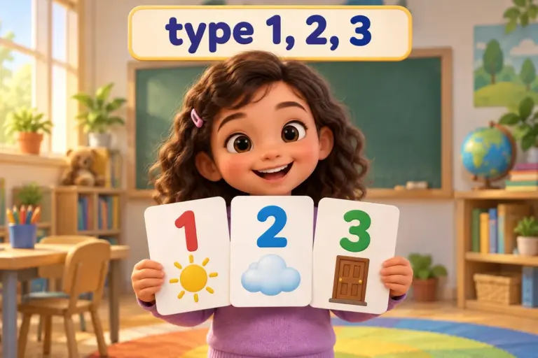 Cartoon child holds three numbered cards showing conditional sentences types 1 2 and 3 in a classroom.