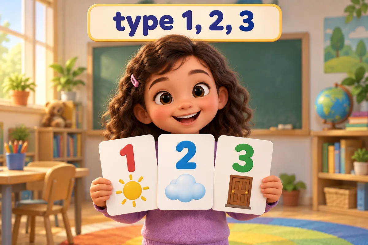Cartoon child holds three numbered cards showing conditional sentences types 1 2 and 3 in a classroom.