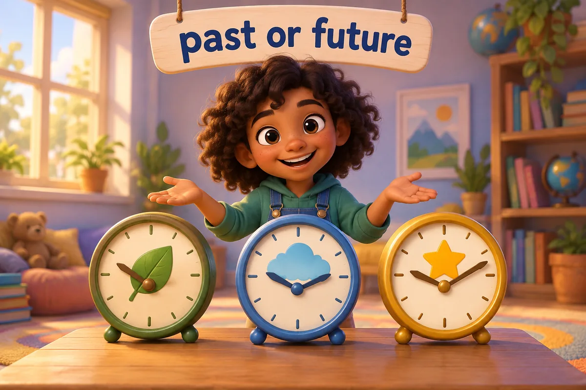 Cartoon child compares three clocks, one showing a future day, one a dream bubble and one yesterday.