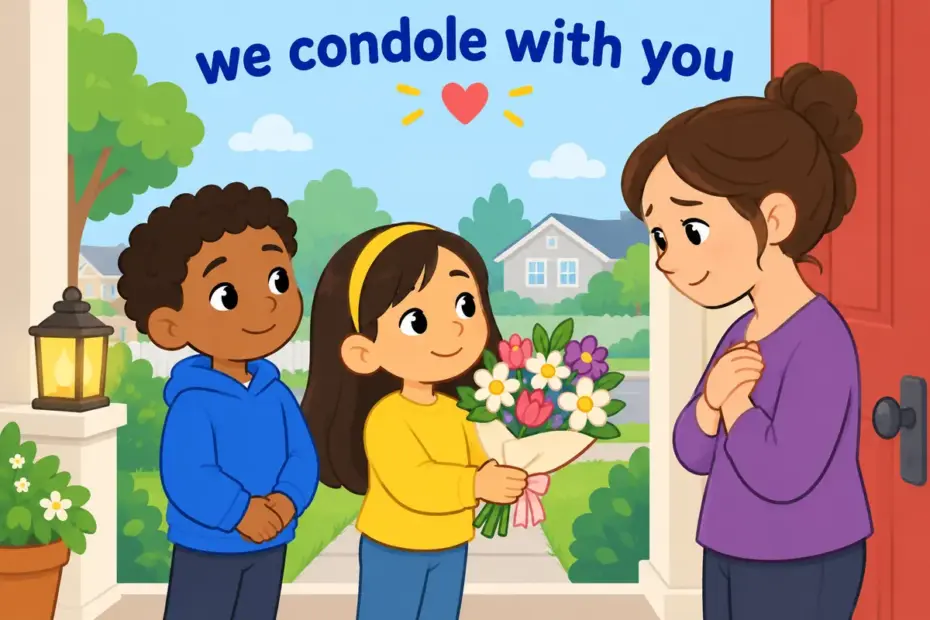 Cartoon neighbours stand at a family door offering flowers and sympathy, showing condole in a sentence as shared grief.