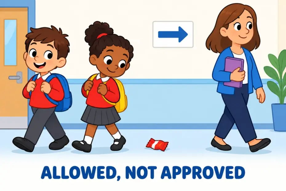 Cartoon pupils ignore a dropped litter rule while a teacher says nothing, showing condone in a sentence as allowing a wrong to continue.
