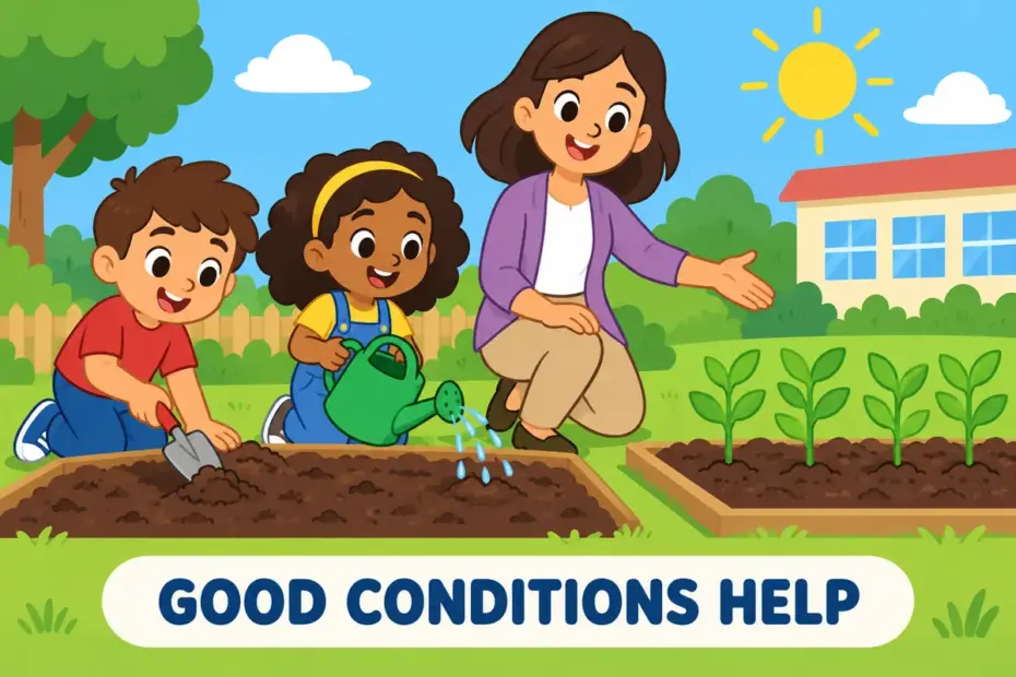 Cartoon pupils prepare soil and water seedlings in sunlight, showing conducive in a sentence as helpful conditions.