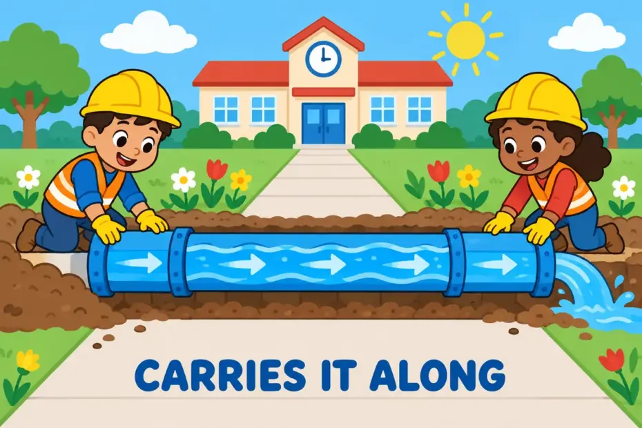 Cartoon workers guide a blue pipe carrying water under a road, showing conduit in a sentence as a channel that carries.