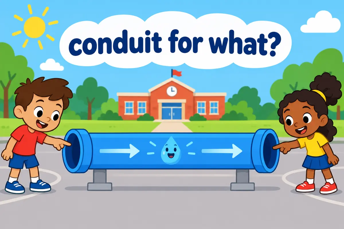 A cartoon pipe carries blue water across a schoolyard while two children point at where it starts and where it ends.