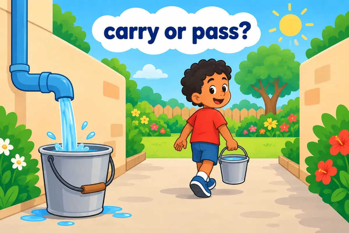 A cartoon shows a pipe carrying water into a bucket with a child walking through an open corridor between two rooms.
