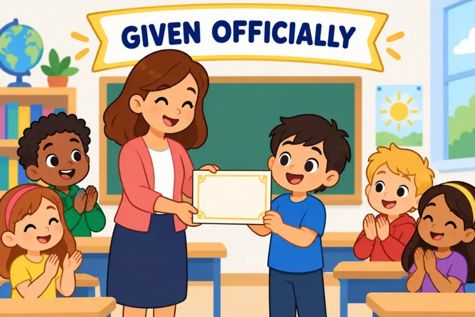 A teacher awards a pupil after a project, illustrating confer in a sentence as formally giving something.