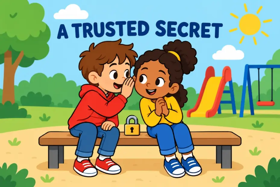 Cartoon child whispers a secret to a trusted friend on a bench, showing confide in a sentence as sharing private news.