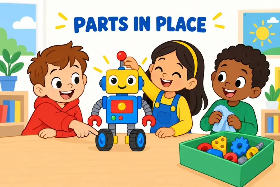 Cartoon children arrange a robot's parts into one working setup, showing configuration as the arrangement of components.