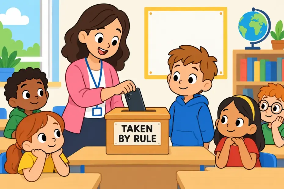 Cartoon teacher confiscates a phone from a pupil at the front of a classroom, showing confiscate in a sentence.