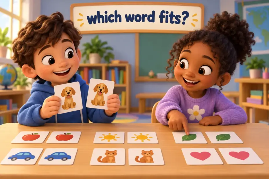 Cartoon children sort confused words with meanings into matching pairs on a classroom table.