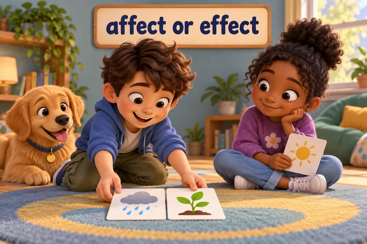 A cartoon child sorts picture cards into pairs, placing a weather card and an effect card on one mat.