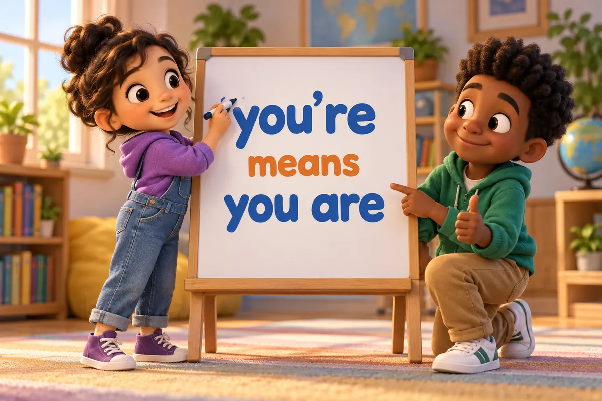 A cartoon child adds a missing apostrophe to the contraction you are on a small signboard.