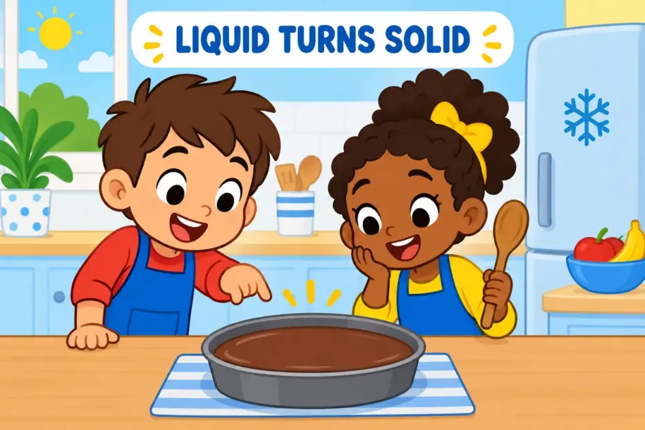 Cartoon children watch a pan of cooling gravy set into a soft solid, showing congeal in a sentence as a liquid turning solid.