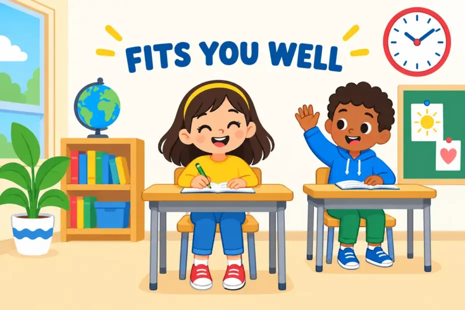 Cartoon pupils settle happily at a matching desk and chair, showing congenial in a sentence as a comfortable fit.