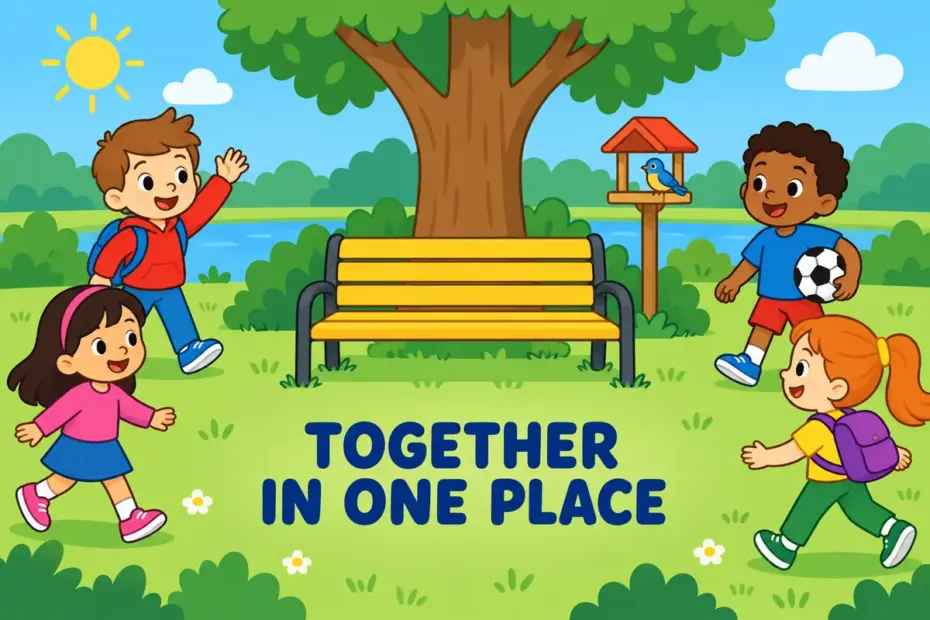 Cartoon children run from different directions to meet at a park bench, showing congregate in a sentence as a group coming together.