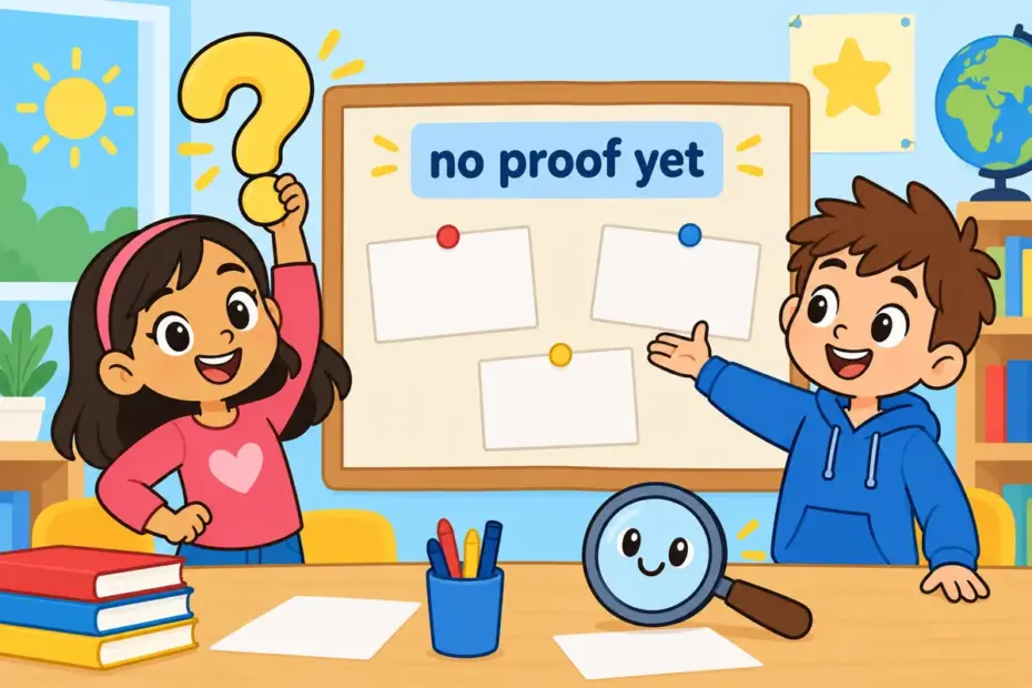Cartoon children present a felt question-mark board beside empty evidence cards, showing conjecture in a sentence as an unproven claim.