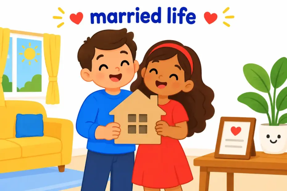 Cartoon couple stands together holding a small home-shaped sign, showing conjugal in a sentence as belonging to married life.