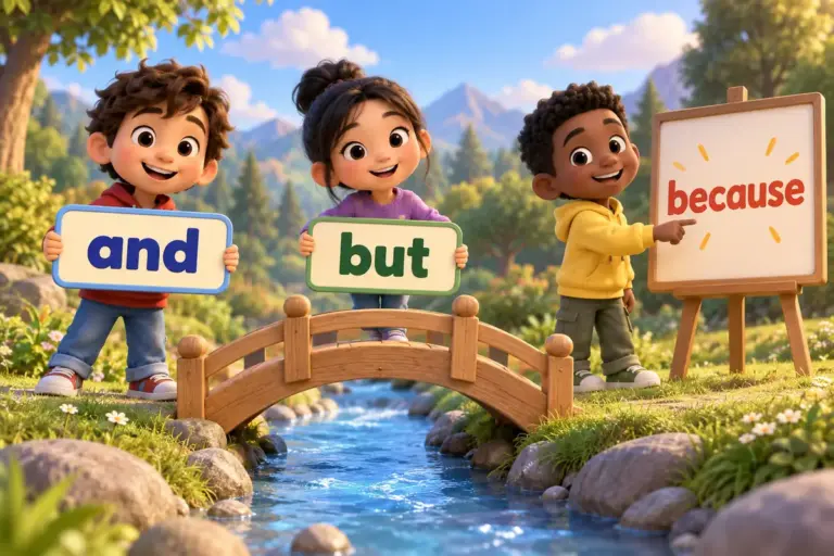 Cartoon children join two word cards across a bridge, showing conjunctions definition types and examples as linking words.