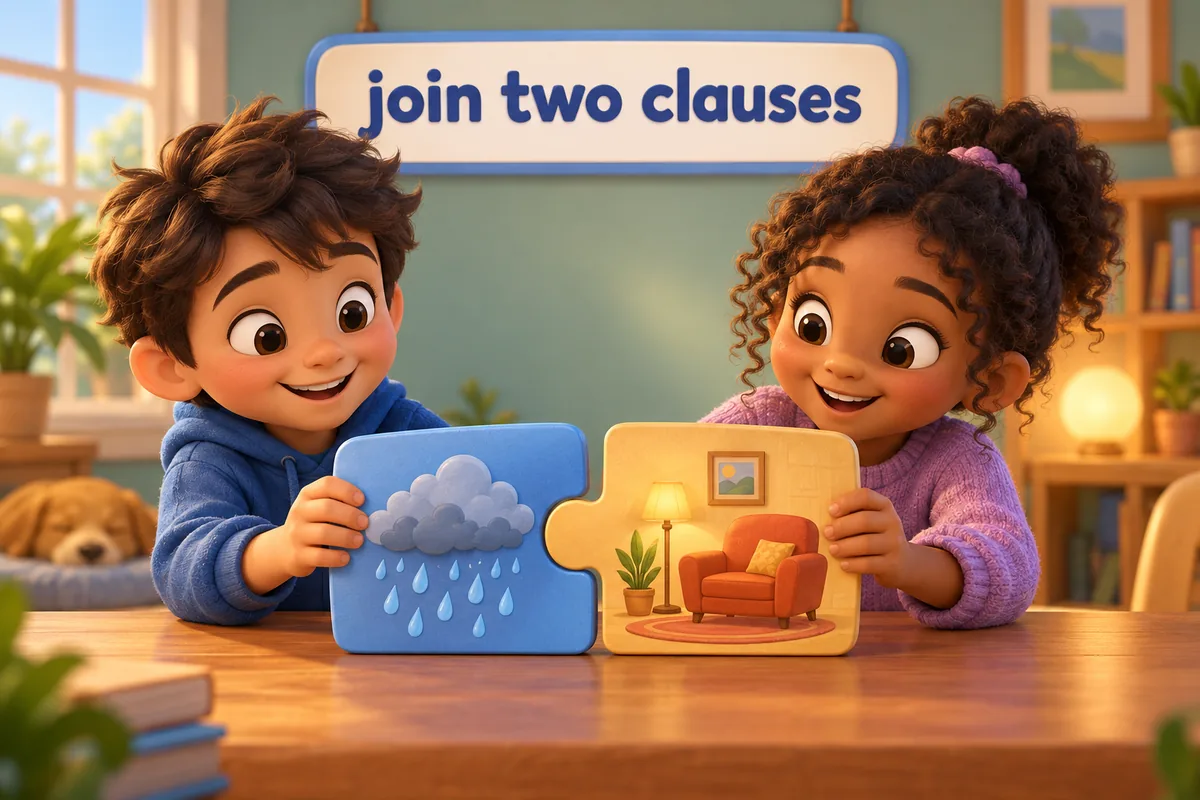 Two cartoon children fit two sentence blocks together, one labelled with a cause and one with a result.