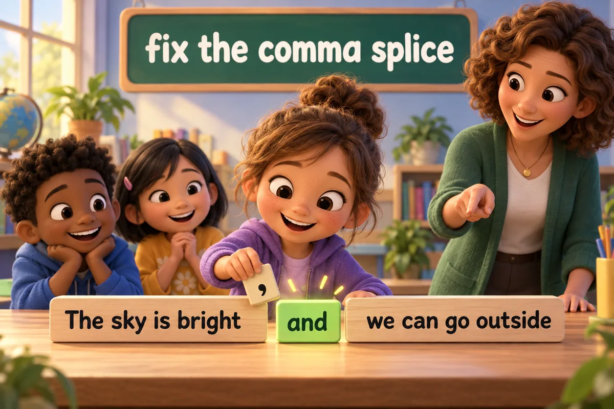 A cartoon child replaces a lone comma with a conjunction card between two sentence blocks.